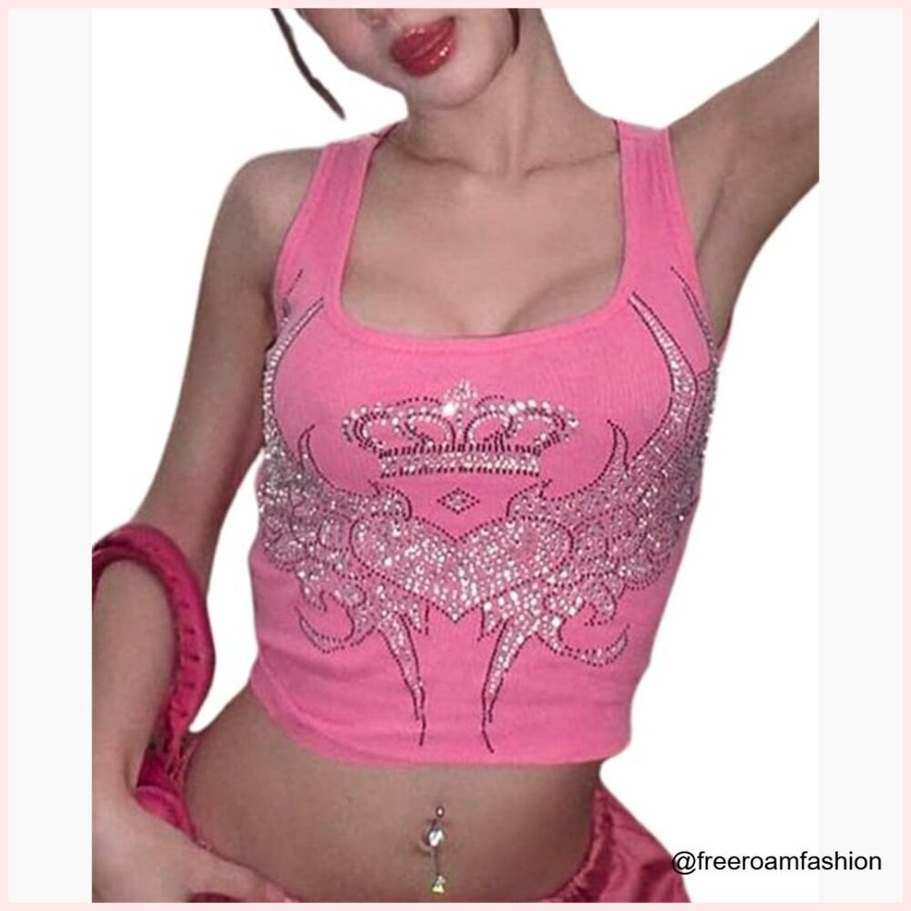 Long Sleeve Rhinestone Crop Top Polyester Grunge Party Shirt